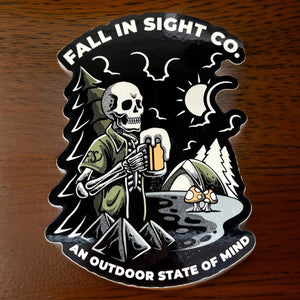5" sticker with a design of a skeleton drinking beer with mushrooms and a tent