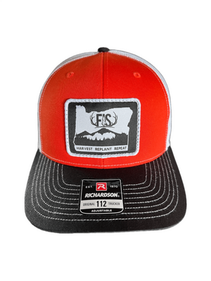 Orange trucker hat with Oregon logo on front