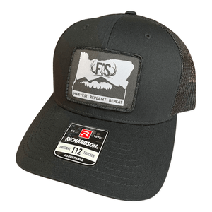 Black trucker hat with Oregon logo on front