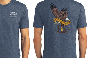 Gray tee shirt with a fis eagle design on the back