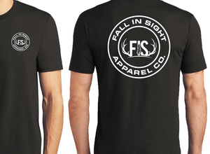 Black tee shirt with a round fis logo on the back