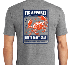 Gray fis tee shirt with a dunganess crab on the back