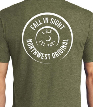 Army green fis tee shirt with a Northwest Original bullet design on the back