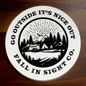 5" round fis sticker with a camping scene on the front