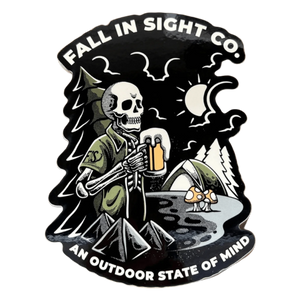 5" sticker with a skeleton drinking beer by a tent