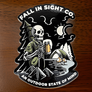 5" sticker with a skeleton drinking beer by a tent