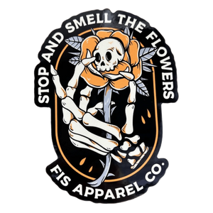 5" fis sticker with a skeleton head in a flower with a hand