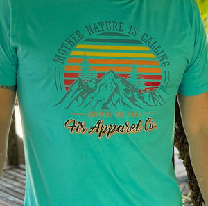 Light green fis tee shirt with a retro mountain design on the front