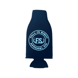 Black beer bottle coozie with fis logo on the front with a zipper