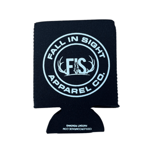 Black beer can koozie with an fis logo
