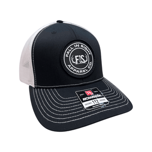 Black and white trucker hat with a round fis logo