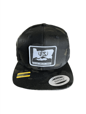 Camo black fis flatbill snapback trucker hat with a Oregon timber logo on the front