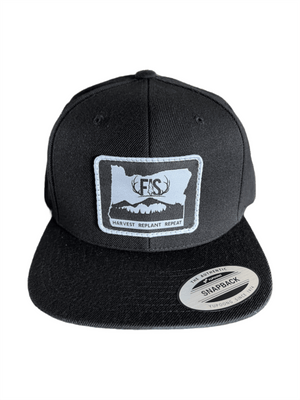 Black fis snapback flatbill hat with a Oregon timber logo on the front