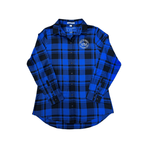 Blue checker woman's flannel with and FIS logo on the front