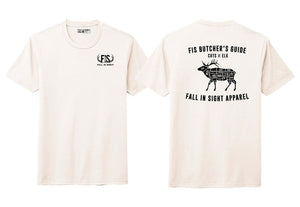 Cream fis tee shirt with a picture of an elk with the butcher cuts on the back