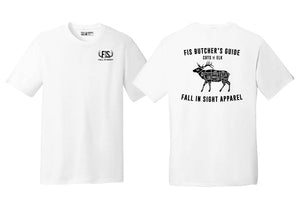 White fis tee shirt with a picture of an elk with the butcher cuts on the back