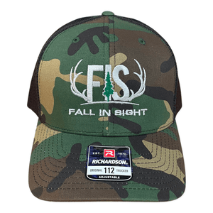 Camo trucker hat with a fis logo stitched in the front