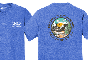 Light blue fis tee shirt with a camping design on the back