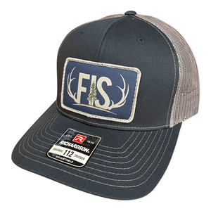 Navy blue trucker hat with a blue fis patch on the front