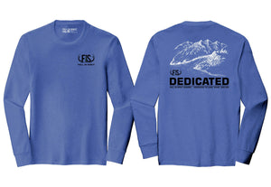 Blue long sleeve fis tee shirt with a dedicated mountain and river design on the back