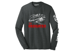 Black long sleeve fis tee shirt with a dedicated mountain design on the front
