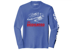 Blue long sleeve fis tee shirt with a dedicated mountain design on the front