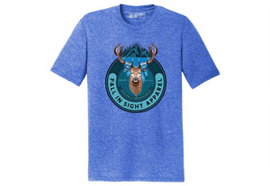 Blue frost fis tee shirt with a elk with a mountain on the front