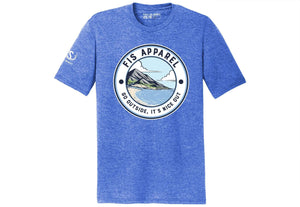 Blue fis tee shirt with a picture of the ocean on the front