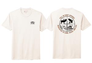 White fis tees shirt with a scope design on the back with an elk and a salmon