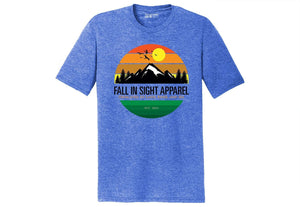 Blue fis tee shirt with a retro colored mountain design on the front