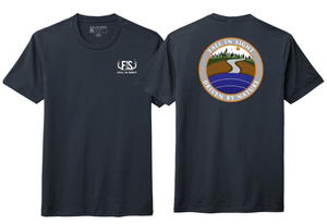 Black tee shirt with a river scene on the back and FIS logo on the front