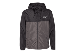 Black and gray windbreaker with a FIS logo on the front 