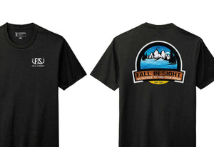 Black tee shirt with a water design on the back and a FIS logo on the front