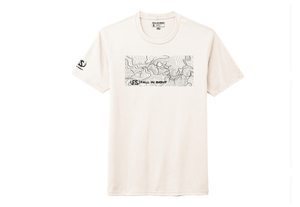 White fis tee shirt with a map of the Rogue River on the front