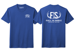 Blue fis tee shirt with an fis antler logo on the back