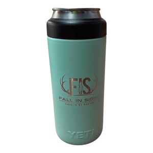 Turquoise yeti slim can koozie with an fis logo
