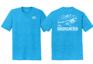 Turquoise tee shirt with a outdoor fis design on the back