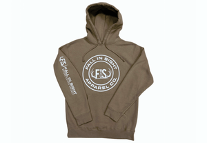 Sandstone colored hoodie with round fis logo on the front
