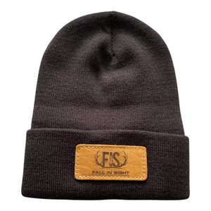 Black fis beanie with a buffalo hide patch with an fis logo