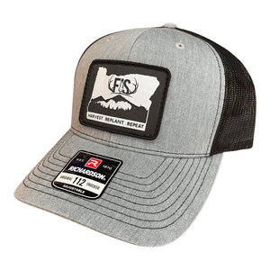Gray and black fis snapback trucker hat with a Oregon timber logo on the front