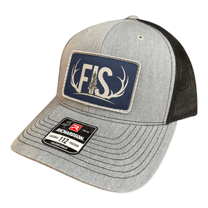 Gray trucker hat with a blue fis patch on the front
