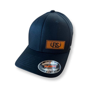 Black flex fit hat with a small leather fis patch